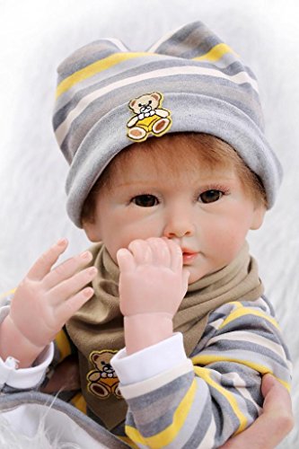 Nicery Reborn Baby Doll Soft Simulation Silicone Vinyl 22inch 55cm Magnetic Mouth Lifelike Boy Girl Toy Brown Bear