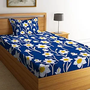 NEW LEAF Glace Cotton 160 TC Kids Printed King Size Single Bed Sheet with 1 Pillow Covers (4X6 feet Bed, Blue Moon Star)