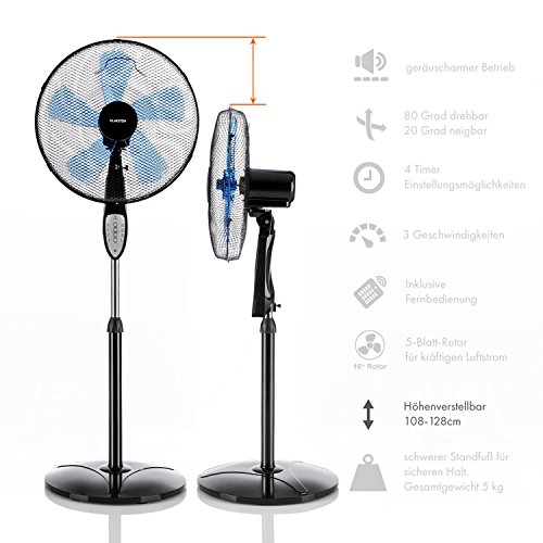 Klarstein Summerjam • Ventilator • Standventilator • mit Fernbedienung • leise • 5-Blatt-Rotor • 16″ (41cm) Durchmesser • Zuschaltbare 80°-Oszillation • energiesparend • 50 Watt • 3 Geschwindigkeiten • 4 Timer-Einstellungsmöglichkeiten • stabiler Fuß • schwarz - 5