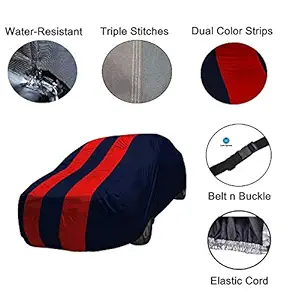 Ek Retail Shop Mirror Pocket Fabric, Triple Stitched, Fully Elastic Car Body Cover for Mahindra KUV 100 (2019-20), Red/Blue with Key Chain