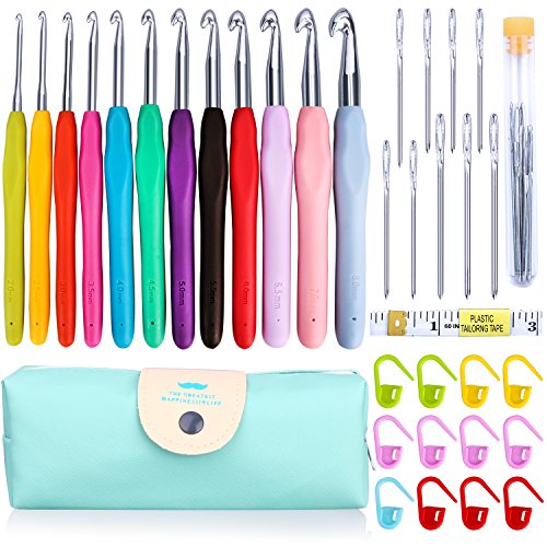 ZesGood 12 Pack Large Crochet Hooks Set with 1 Case, 9 Large Eye Blunt Needles for Knitting, 1 60-Inch Tape Measure