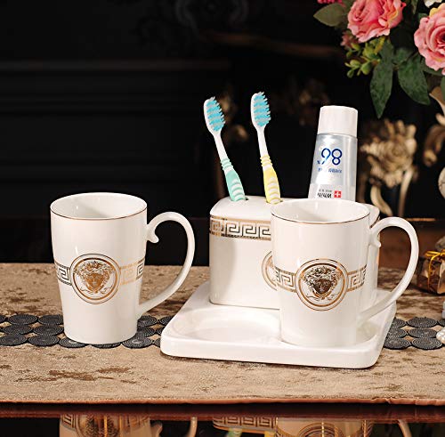 Preisvergleich Produktbild Amgend Paare Vier Stücke Badezimmer Liefert Hochzeitsgeschenke Europäische Keramikbürstenbecher Mit Mundwasser Becher Mit Griffen Mit Tabletts, Weiße Gürtel Mit Köpfen 2 Tassen