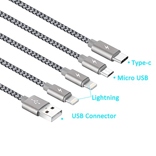 Multi USB-Kabel, jastek 3,3 Füße (1 Meter) 4 in 1 Geflochten mehrere Ladekabel Aluminum Adapter Stecker mit Typ C, 2 x 8 Pin Beleuchtung, Micro USB für universell einsetzbar – Aluminum Grau - 4