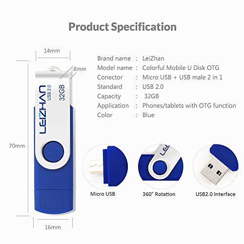 LEIZHAN PenDrive Chiavetta USB 32GB Memory Sticks OTG(On the Go) 2 in 1(Micro USB & USB 2.0) Dispositivo di Archiviazione Supporto Telefono Android Tablet PC blu
