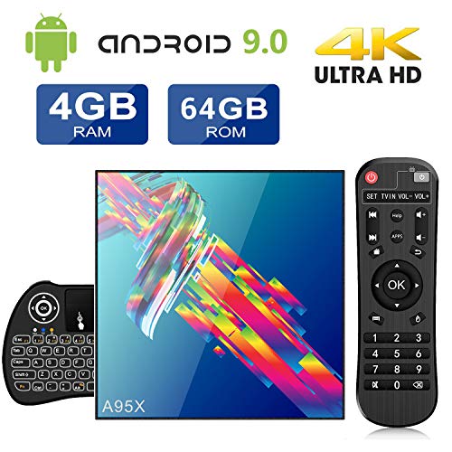 A95X TV Box Android 9.0[4GB RAM +64GB ROM] RK3318 Quad-Core Cortex-A53 CPU Dual Band WiFi 2.4G/5GHz Bluetooth 4.2 4K Ethernet LAN100M H.265 with Wireless Mini Backlit Keyboard Smart TV Box