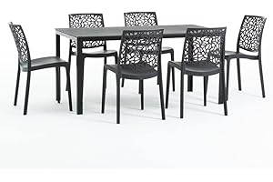 SIEDITI FUORI E DENTRO Set pranzo da giardino o esterno Antracite per 6 persone, tavolo in acciaio verniciato con doghe in polietilene effetto legno, 6 sedie in polipropilene con fibra di vetro - Thomas e Anna