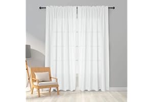 Melodieux 2 Panel Faux Linen Voile Net Curtains Semi Sheer Rod Pocket Drapes for Bedroom, Living Room, Window - White, 55 x 89 inch drop (140 x 225cm)
