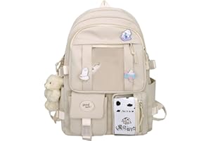 EVEOUT Sacs à Dos pour Enfant avec de Jolies étiquettes et épingles Grande capacité Sacs portés Dos pour Fille Sac à Dos Nylon Adolescent Cartable Multi-Poches (Beige)