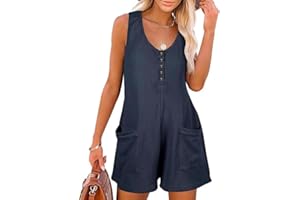 Sukiglam Mono Mujer Verano Sin Mangas Cuello en V Jumpsuit Corto Casual Sueltos Jumpsuit Petos Elegante Pierna Ancha Monos Tapeta de Botones Una Pieza Monos Pantalon con Bolsillos Playa Playsuit