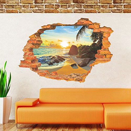 UNIQUEBELLA Wandsticker Sonnenstrand 3D Wandtattoo Wandaufkleber Fensterbilder Wall Art Sticker Decal - 2