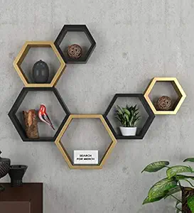 Search 4 Merch Hexagon Shape Wall Shelf (Set of 6), Wall Shelves for Living Room, Bedroom, Home Interior & Gift (Color)- Black & Golden