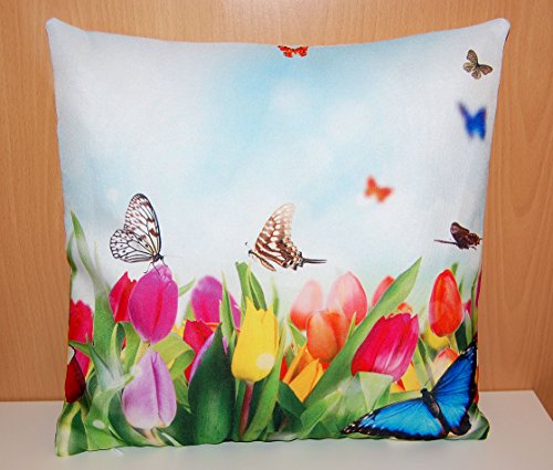 hübsche KISSENHÜLLE 40×40 cm Motiv BEIDSEITIG Tulpenwiese mit Schmetterlingen Dekokissen Frühling Sommer Polyester pflegeleicht Fotoprint Kissen eckig (Tulpenwiese Schmetterlinge) - 3