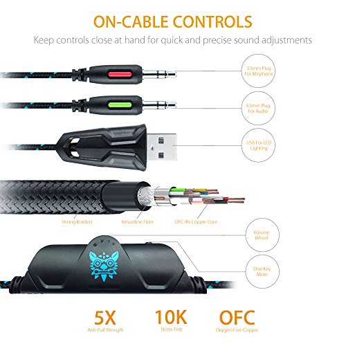 Gaming Headset para PC  MillSO PS4 Gaming Auriculares sobre la diadema para la oreja para Xbox One con micr  fono de cancelaci  n de ruido est  reo LED de luz 3 5 mm Audio Splitter Cable - Azul