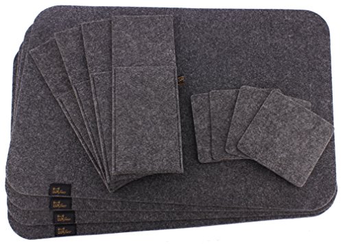 Edles Filz Platzset für 4 Personen, 12-tlg. in dunkelgrau. Tischset inkl. Platzmatten, Glasuntersetzer und Bestecktaschen, waschbar, Moderne Filz Tischmatten oder Tischunterlagen und Untersetzer als tolles Accessoire für Ihr Esszimmer.