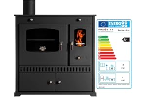 Prometey EEK A+ Kaminofen mit Backfach und Herdplatte Perfect Eco Schwarz Rechts Holzofen 7 kW Kamin Ofen Holz Werkstattofen Hüttenofen Heizofen Gartenofen, L