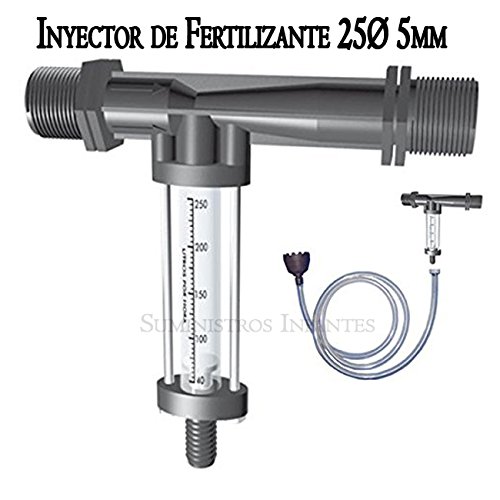 'iniettore Venturi di fertilizzante 25Ø 5 mm Portata Max irrigazione 1630 L/H. Portata Max fertilizzante 110 Litri a 3 bar. Filettatura maschio 3/4. Made in Spagna.