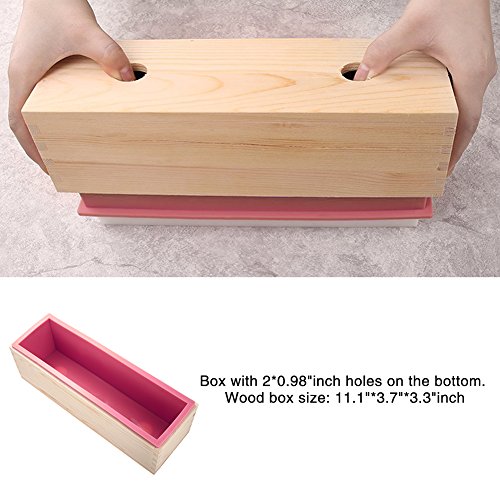 Hihoddy Silikon rechteckig DIY Seife, rechteckige Silikonform mit Holzkiste, Kerze, Toast, Gelee, Pudding mit Holz Form Box hausgemachte 1.2L/42oz – rose - 4