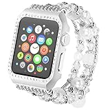 Apple Watch Band mit Metall Fall, anggo Glitzernde Diamant Metall Fall Mit Elastisch Stretch iWatch Strap Ersatz Armbanduhr natur Achat Armband für Apple Watch Serie 3 2 1 (Weiß, 38MM)