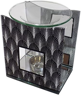 ART DECO GLASS BLACK SILVER MIRRORED OIL BURNER H14CM X W12CM X D8.5CM