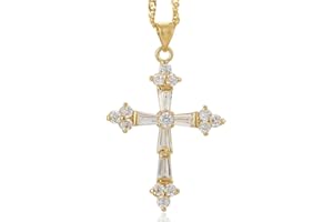 RIZILIA Croce Pendente Con 18" Catena & Trapezoid Cut CZ [5 Colori Disponibili] In Placcato Oro Giallo, Semplice Ed Elegante Moderno