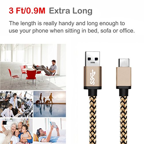 USB Typ C Kabel 0.9m, AYASHO® USB C Kabel auf USB 3.0 A Ladekabel Nylon umflochtenes für USB Typ-C Geräte Inklusive des Samsung Galaxy S8 / S8 Plus, Huawei P10, Huawei Mate 9, Samsung Galaxy A3 2017, Galaxy A5 2017, OnePlus 2, HTC 10, Nexus 5X, Nexus 6P, Huawei P9, Huawei P9 Plus und weitere (Gold & Schwarz) - 3
