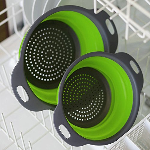 2 Stück Collappsible Colander Set, Silikon Faltbarer Seiher Abtropfsieb Home Küche Faltbar Silikon-Filter Utensil Set Gemüse Obstkorb (Grün+Grau) [Energieklasse A+] - 3