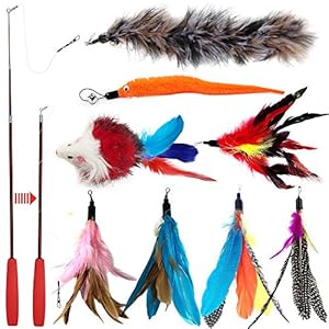 Juguete de varita con plumas retráctil, para gatos, interactivo, con 8 repuestos de plumas, pájaros y ratones, de OneBarleycorn