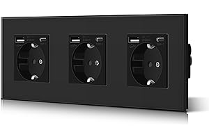 BSEED Gniazdo ścienne 3 standardowe gniazda Schuko z ulepszonym złączem USB 2.1A USB do ładowania i wtyczką typu C ze szklanym panelem Łatwa instalacja 228 mm czarny