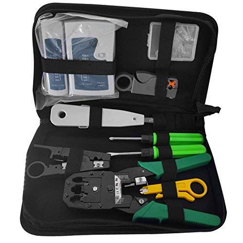 Preisvergleich Produktbild Pluscom RJ11 RJ45 Werkzeugset mit Quetschzange, Kabeltester, Eindrückwerkzeug, Stecker, Knickschutz schwarz Schwarz RJ1KIT