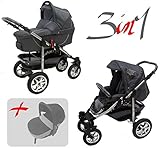  Jackmar  Gestell in Weiß  Hartgummireifen in Chrom & Schwarz  3 in 1 Kinderwagen Megaset (12 Teile)  Farbe: Graphit