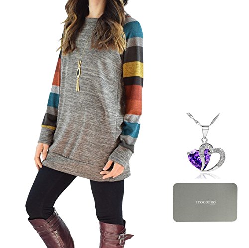 ICOCOPRO Frauen Crewneck Sweatshirt langarm Baumwolle Tunika bequem Gestreifte Tops Damen Lamarmshirt - 2