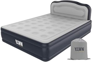 YAWN AIR Self-Inflating Airbed King Size - Great Guest Bed, Camping Mattress - Built-in Pump & Headboard - Grey Fabric Material - Available in UK Single, Double and King