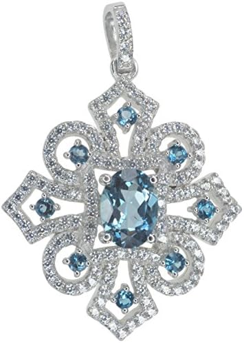 London Blue Topaz Gemstone Sparkling Cubic Zirconia Sterling Silver Pendant + Chain