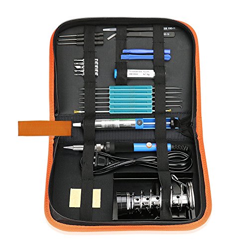 21in1 Lötkolben Set, Pushingbest 220V 60W Lötset Elektro Lötkolben Set Temperatureinstellbares Lötkolben-Set mit 6 Hilfswerkzeugen 5 Lötspitzen 2 Pinzetten 1 Störungspumpe 1 Blechschlauch 1 Schweißen Eisenklammer Lötkolben-Werkzeugkit mit PU-Beutel und Telefon Reparatur-Werkzeug