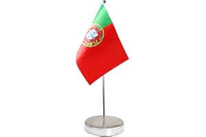QSUM Bandera de mesa de Portugal de 9 x 6 pulgadas, exhibición de bandera de escritorio de Portugal, incluye base de acero inoxidable y poste ajustable