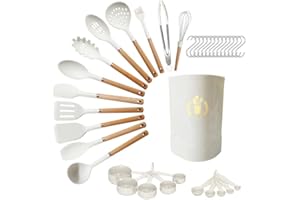 WINNIW Kitchen Utensils Set Silicone, 33-pcs Kitchenware, Non-Stick Heat Resistant Cooking Utensils Set, Natural Wooden Handles, BPA Free, Non-Toxic, Cooking Gifts - Best Kitchen Tool Gadgets(White)