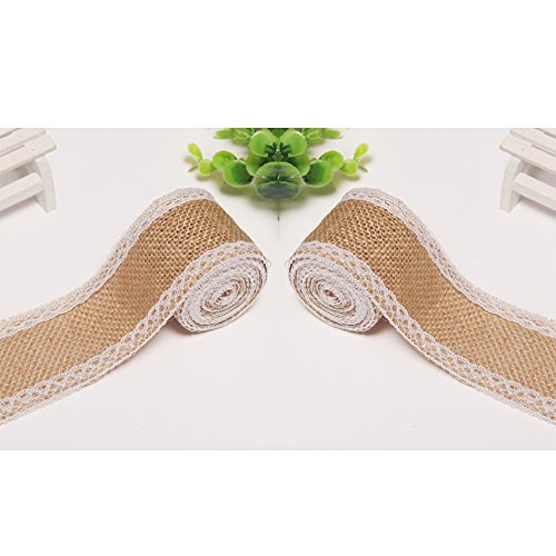 iShine Natürlichen Hessischen Sackleinen Vintage Leinwand Jute Band Handwerk Farbband mit Lace Ribbon Hochzeit Hochzeitstorte Deko DIY (5cm*5m) - 2