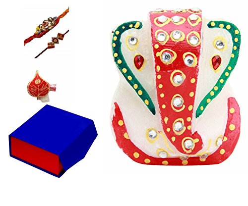 Purpledip Bhai Dooj Rakhi Gift Set: Small Ganesha Marble Statue, 2 Designer Rakshabandhan Bracelets, Roli Chawal Tika in A Classy Gift Box (rakhi68)