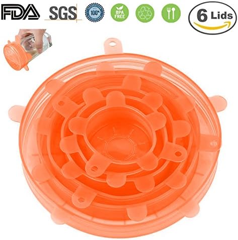 Silicone Stretch Lids 6-Pack Of Various Sizes, Food Saver Covers Wrap Bowl Pot Cup Lid- BPA Free, Dishwasher, Microwave, Oven and Freezer Safe (orange)
