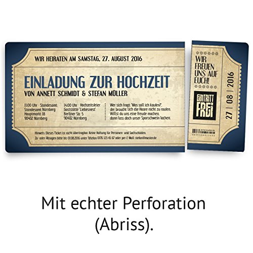 Einladungskarten zur Hochzeit (20 Stück) als Eintrittskarte im Vintage Ticket Look Hochzeitskarten in Blau - 2
