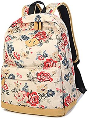 Fashion Floral Canvas Rucksack College School Bag 14.6 inch Laptop Backpack for Women Teenage Girls (beige (retro rose))