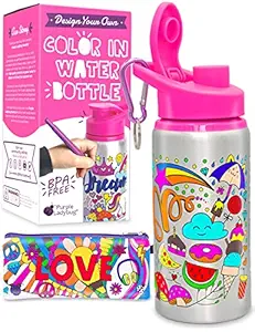 Purple Ladybug Novelty Girls Plastic Color Your Own BPA-Free Water Bottle with 10 Bright Markers, Rhinestone Gem Stickers Plus a Bonus Pencil Case Fun DIY Art and Craft Set, Pink