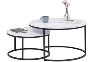 GrandCA HOME Set di 2 Tavolini Rotondi ad Incasso con Piano in MDF con Motivo Marmo, Tavolino da Salotto, Marmo Bianco e Nero(80x80x45cm)