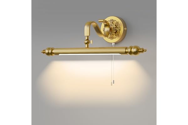 ACMHNC Lampe Miroir Salle de Bain Vintage - IP44 Applique Salle de Bain avec Interrupteur à Tirette, Dorée, Bras Rotatif 240°, 51cm 4000K luminaire pour Maquillage, Tableau, 8W