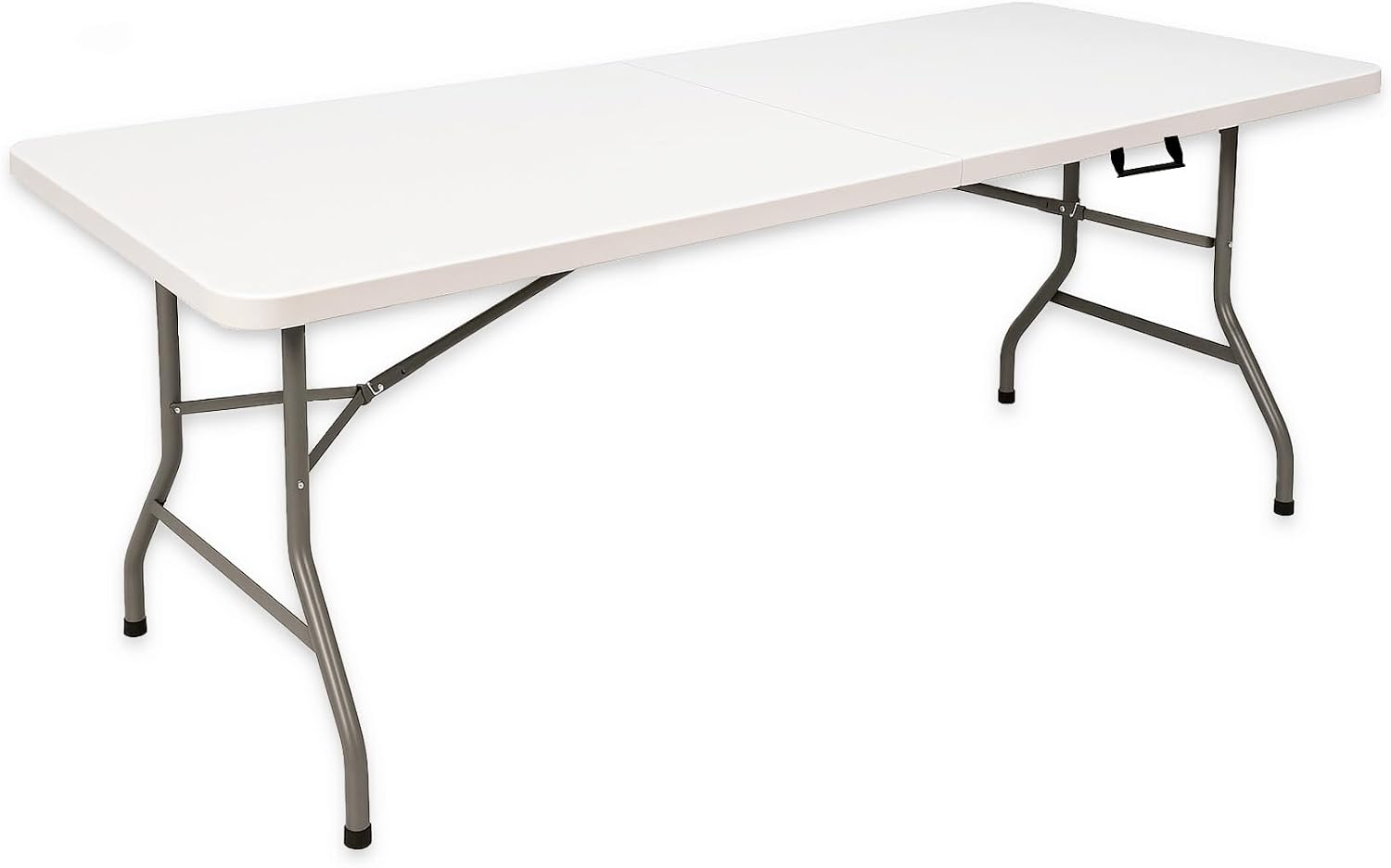 MARCPRINT - Mesa Plegable 180 x 70 cm Interior y Exterior, Carga 150 kg Asa de Transporte Plegado por la Mitad Patas de Acero Altura 74 cm para Camping, Eventos, Comedor, Resina HDPE Color Blanco