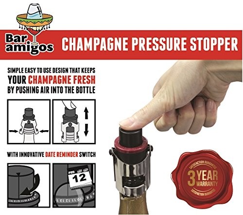 Bar Amigos ®, Triple Value Pack of 3 Champagne Pressure Stopper Sektflaschenverschluss Sekt und Champagnerflaschen Vorteilspaket 3 Stück Sekt Druck Stopper, violett, grau, rot, Saver Pumpe Sealer Innenkonservierer, mit patentierter Technologie und innovativen Datum Erinnerung Schalter halten ihr Fläschchen von Sekt Champaign Fresh für 7 Tage Plus – 3 Jahre Garantie auf Zufriedenheit, - 6