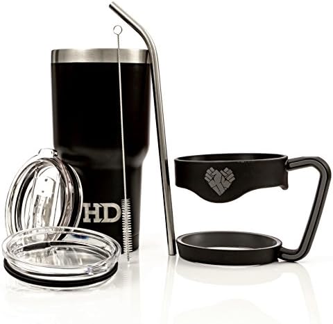 HD Powder Coated Black 30 Oz Stainless Steel Vacuum Insulated Ultimate Tumbler Set (Includes Double Wall Mug, Handle, Sliding Lid, Standard Lid, Angled Straw and Pipe Brush)