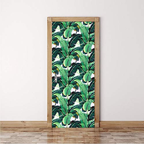 PANDABOOM 3D Door Sticker Mural Pvc Waterproof Diy Self-Adhesive Wallpaper Green Banana Leaf Living Room Bedroom Door Decoration Stickers 90X200Cm