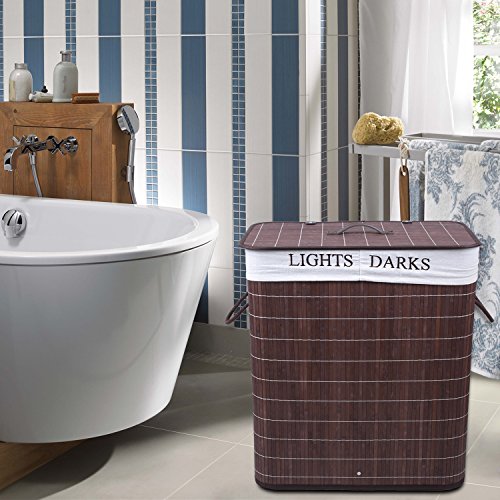 Femor Faltbar Wäschesammler Bambus Leinen 100L – 54x33x59.5 cm Wäschekorb Wäschebox Wäschetruhe mit Deckel&Wäschesack (Braun) - 8