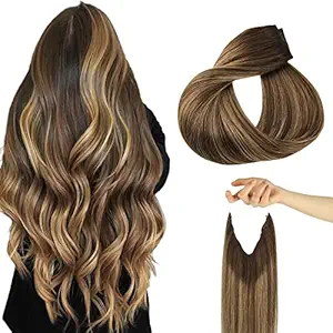 HOTBANANA Wire Hair Extensions, 18 inch 95g Chocolate Brown to Caramel Blonde Fish Line Hair Extensions Real Human Hair Straight Invisible Wire Hair Extensions Remy Hair Extensions